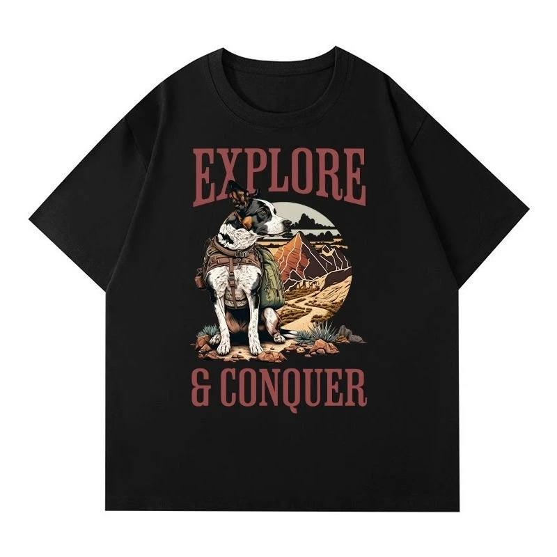 

2025 New Adventure Streetwear T-shirt Set Black White Navy Blue Short Sleeve Tops with Explore & Conquer Print and Hiking Dog