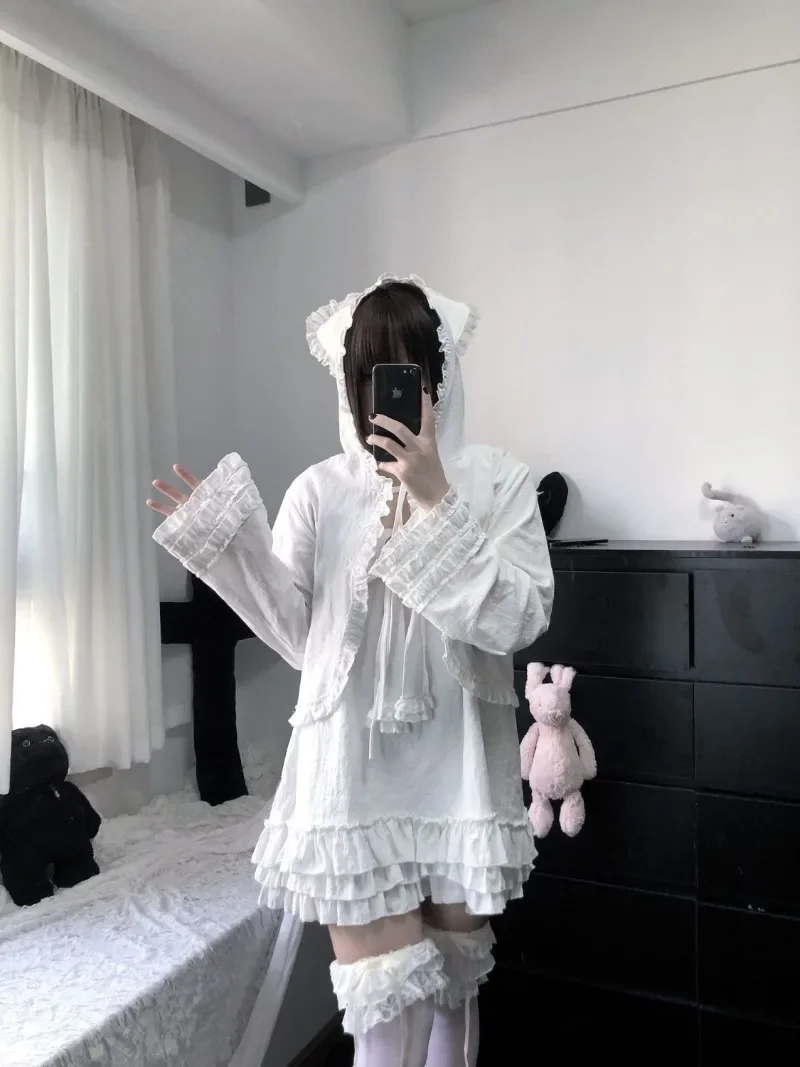 Dolce Kawaii Orecchie di Gatto Cardigan Cappotto Donna Autunno Nuove Donne Giubbotti Corti Nero Subculturale Casual Giapponese Top Camicia da Sole