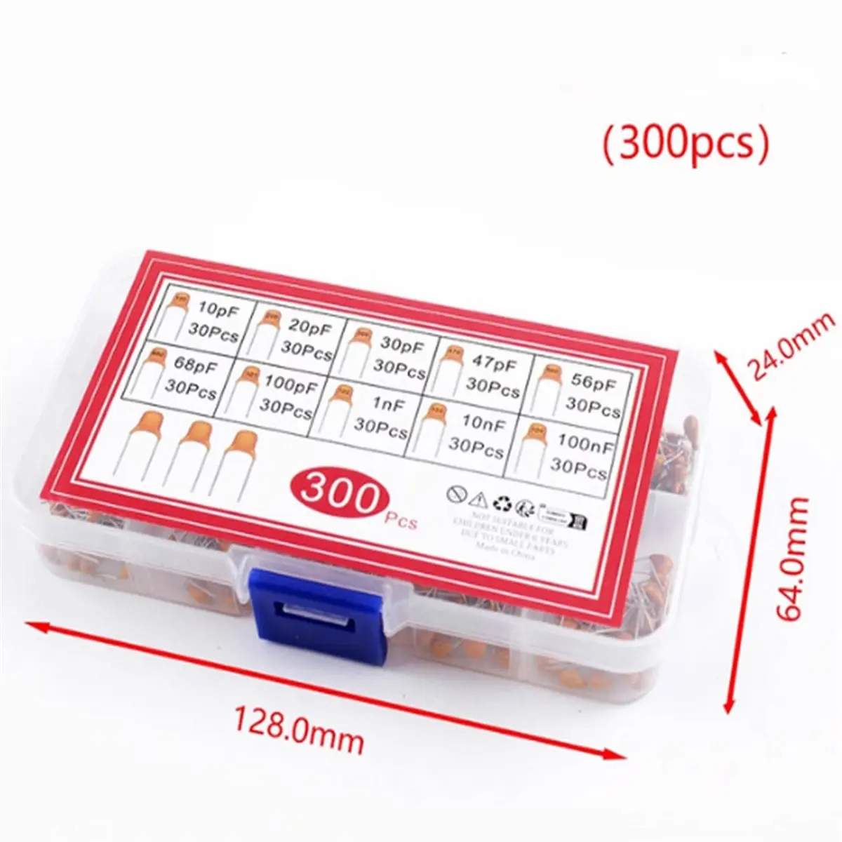 300pcs 10kinds of Monolithic Capacitors(10pF-100nF) Direct Insertion Non-Polarised 50V Ceramic Capacitor Component Set