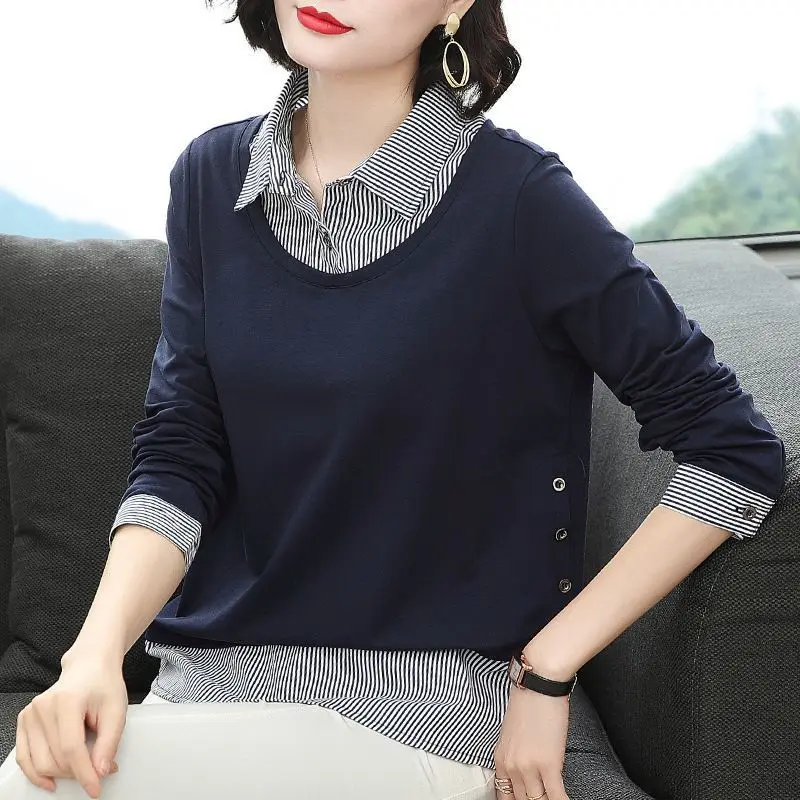 Women Korean Fashion Striped Patchwork Elegant T Shirt Spring Autumn Casual Streetwear Long Sleeve Loose Cotton Tops Ropa Mujer