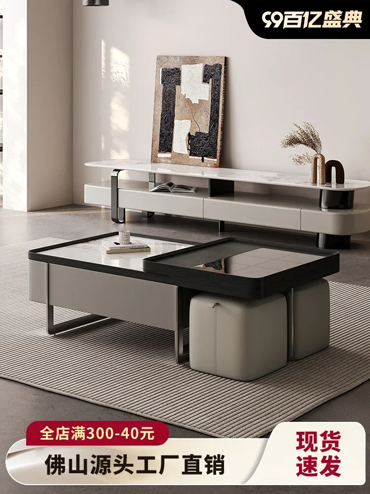 Medieval Italian minimalist rock slab square coffee table household small apartment with telescopic stool