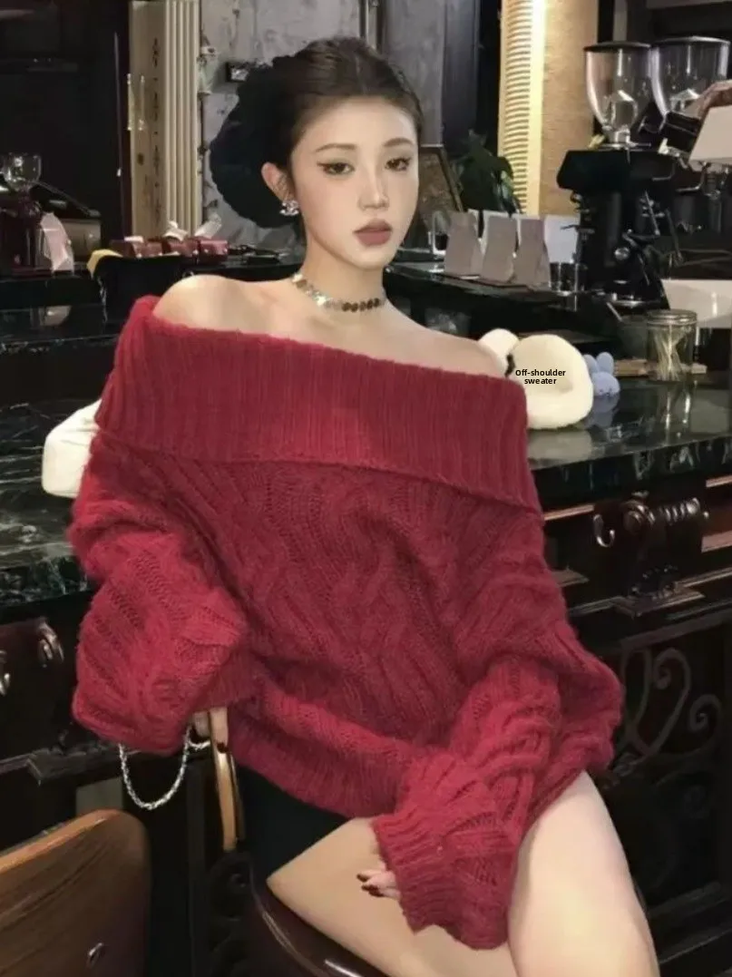 

oulder Bared One oulder Long Sve Knitted Sweater Women's Sle New Year Red Loose Fit Comfortable Autumn Winter Top