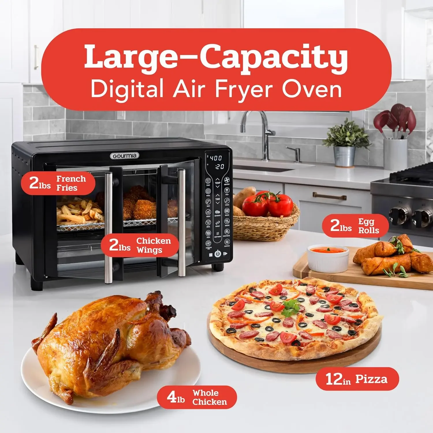 Broodrooster Oven Luchtfriteuse Combo 17 Kookvoorinstellingen 1700 W Franse deur Digitale luchtfriteuse Oven Accessoires met 24 liter capaciteit