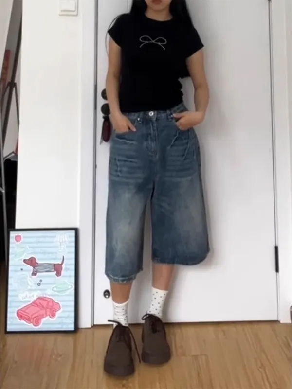 ハイウエストワイドレッグデニムショーツ女性の夏の新スタイルルーズフィットライトニングパターンストレートカット7インチショーツ