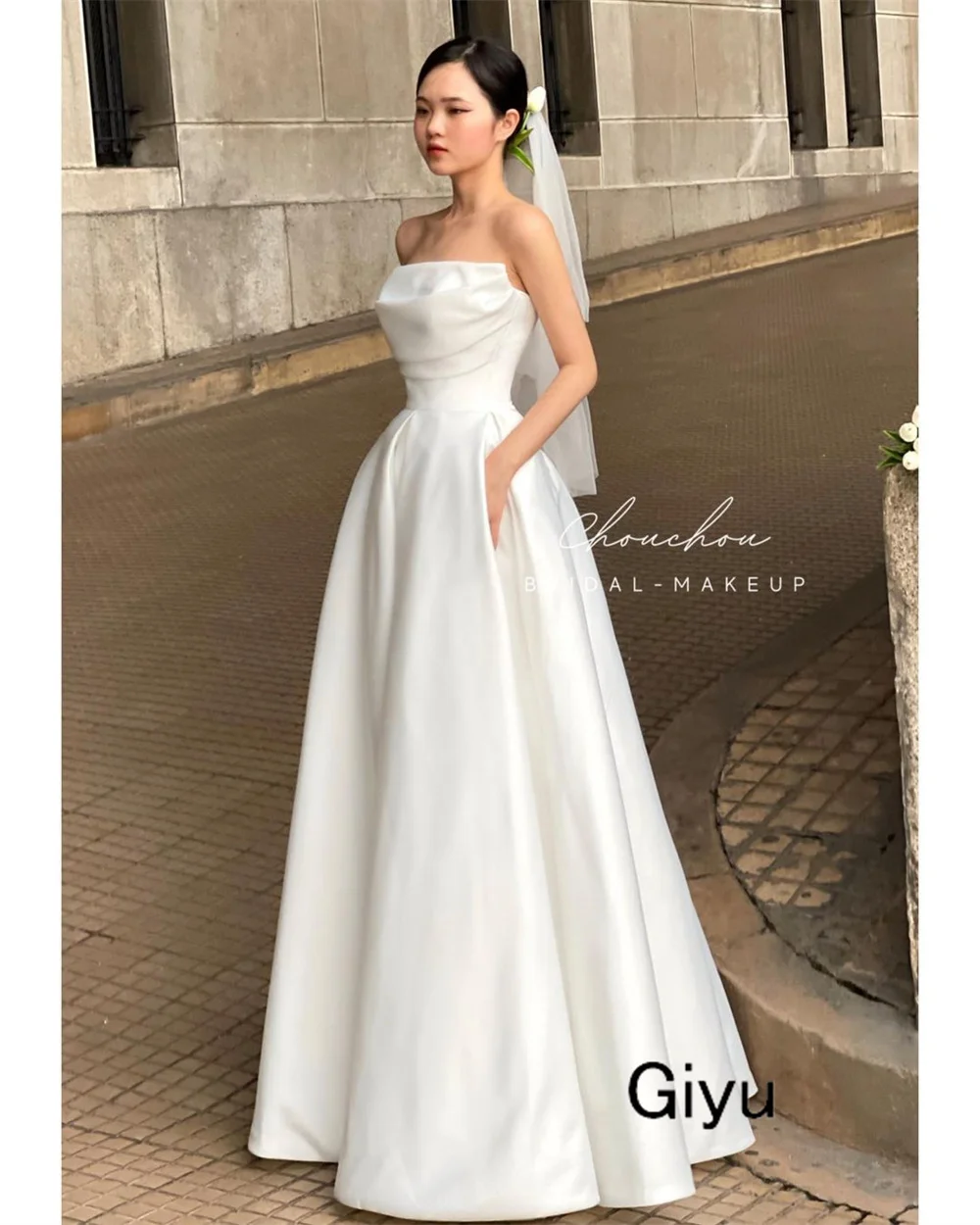 Giyu gaun pernikahan Korea model A-line, gaun malam pengantin, gaun pengantin panjang lantai, Organza, leher perahu, pemotretan, gaun pernikahan model A-line, sederhana