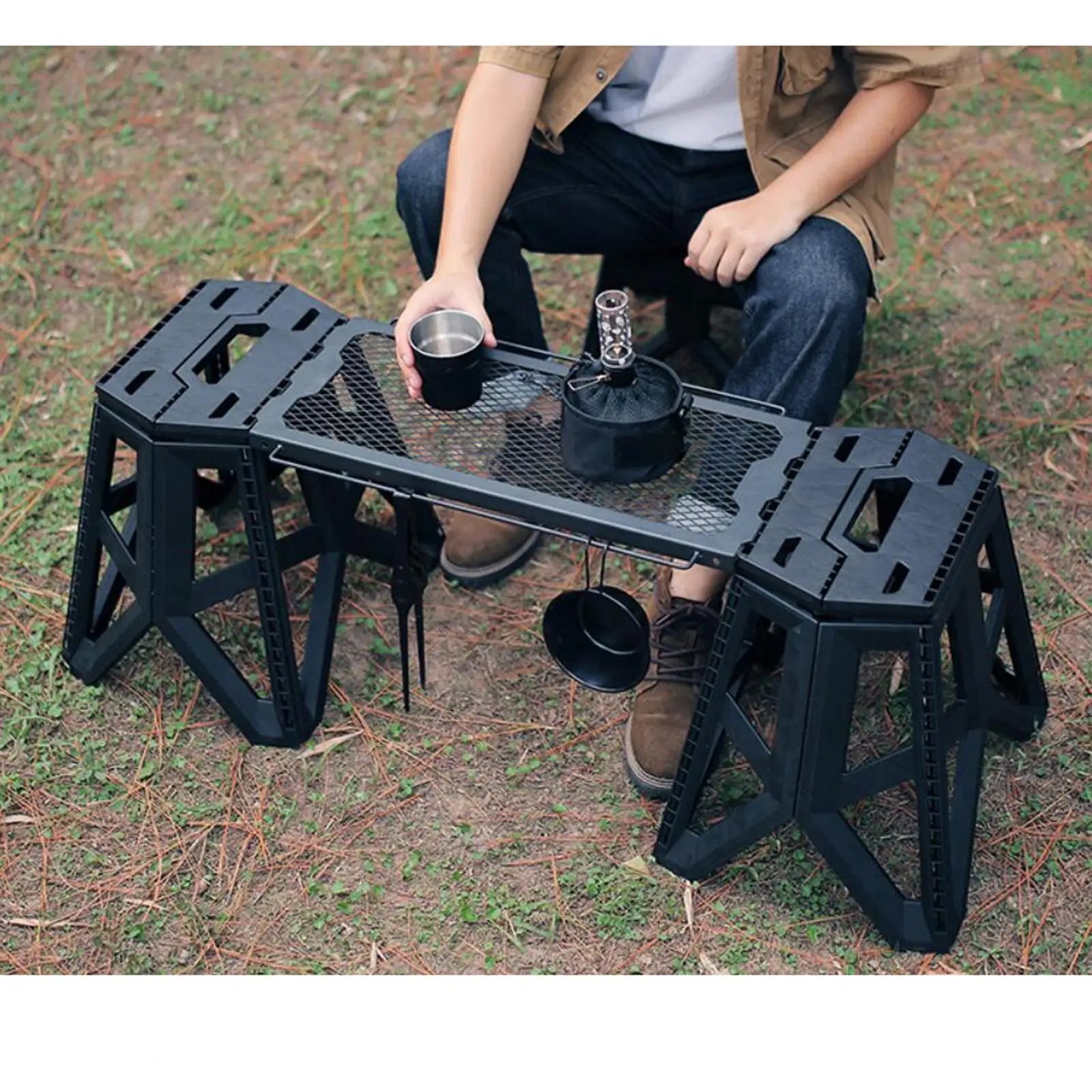 Outdoor Multifunctional Folding Table Grid Table Stool Side Hanging Table Portable Foldable Iron Storage Rack for Camping Picnic