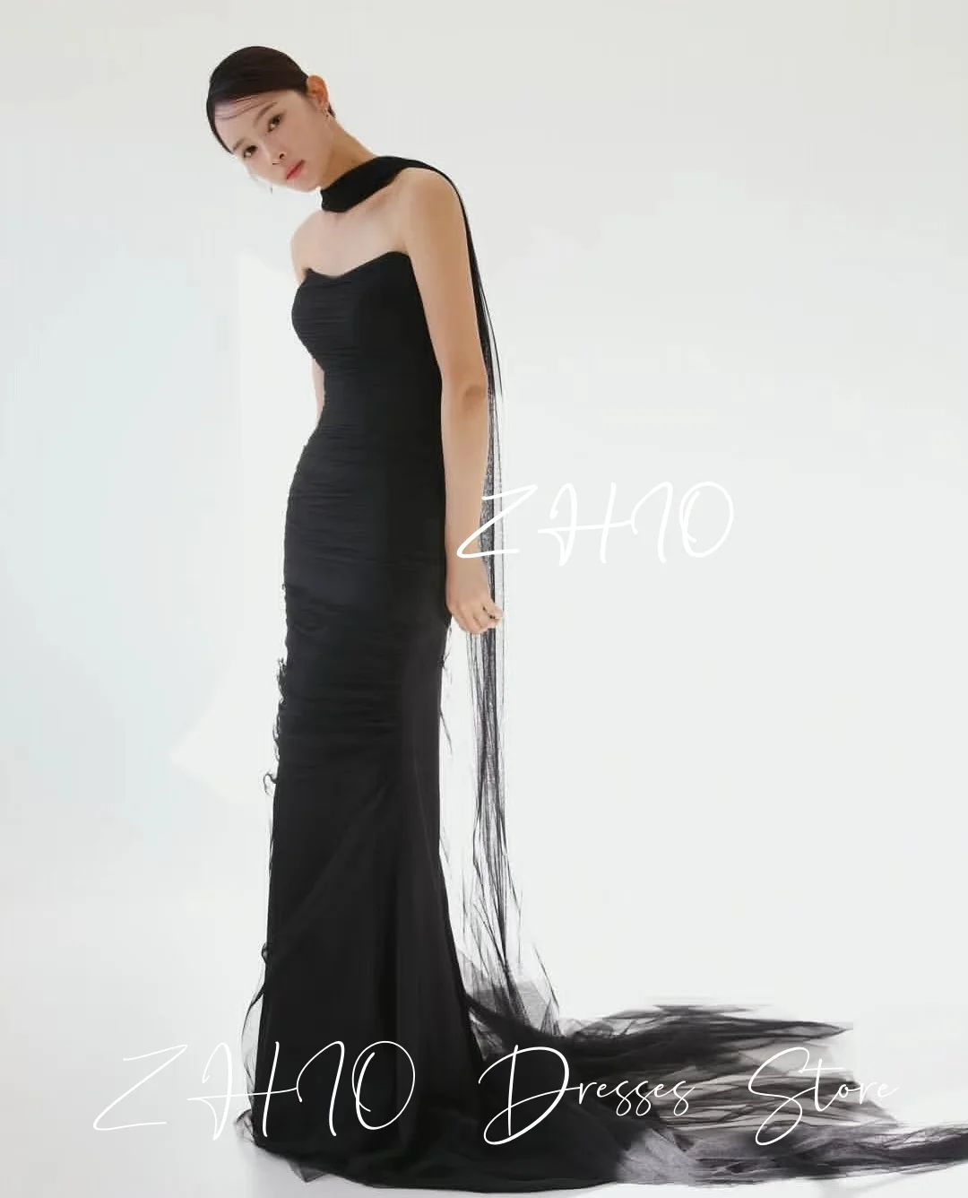 ZHIO Простое черное свадебное платье русалки с тюлем без бретелек со шлейфом Корейское свадебное платье для фотосессии на заказ