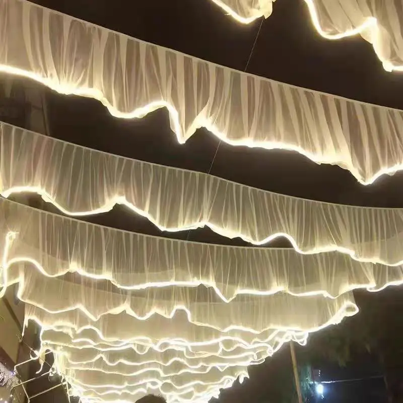 10M Shiny White Ceiling Decoration Wave Gauze Curtain With Lights String For Wedding Christmas Event Site Layout Props