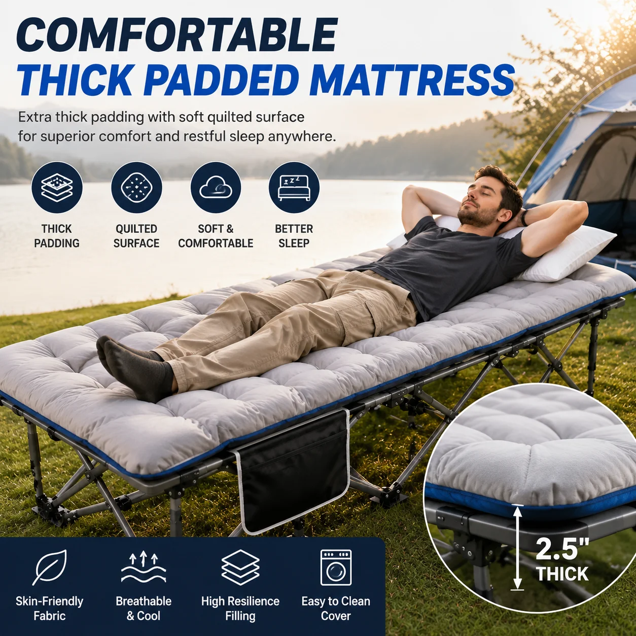 Portable Foldable Camping Cot with Thick Padded Mattress Comfortable Sleeping Bed with Sturdy Frame Compact Folding Guest Bed for Adults Easy Storage and Carrying for Outdoor Camping Travel Office Nap Patio Bedroom and Home Use