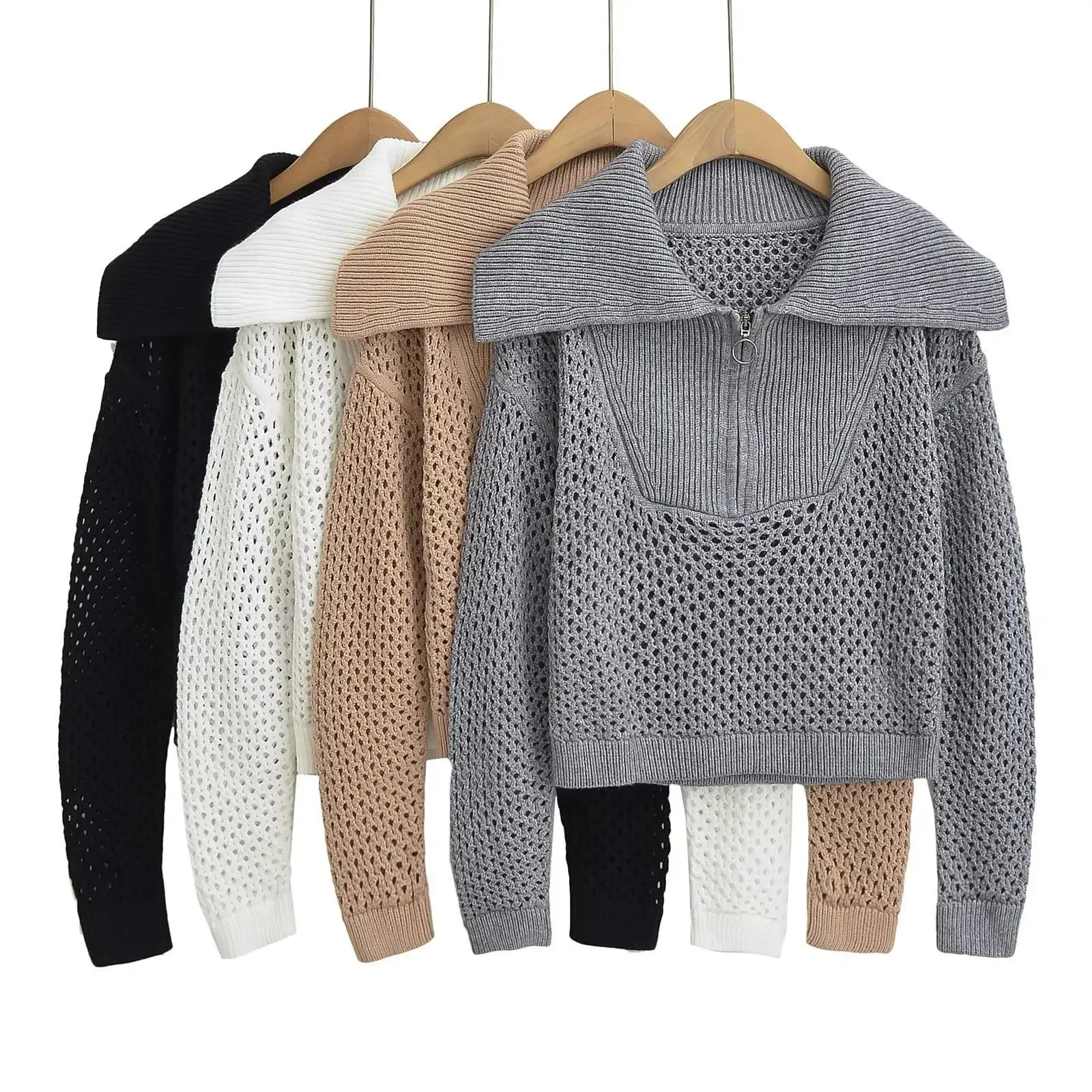 Women's Sweater with Turn-down Collar and Hollow-out Design, Zipper Pull-over Tops