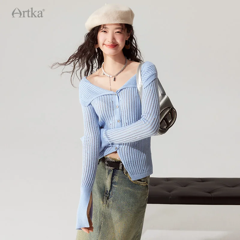 

ARTKA 2023 Autumn New Women Knitwear Fashion Slim Off Shoulder Wool Knitted Top Long Flare Sleeve Knit Cardigan Female WB92239Q