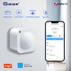 GIRIER-Tuya ZigBee Sensor de Movimento PIR, Detector de Movimento Humano Inteligente, Luz Embutida, Segurança Doméstica, Funciona com Smart Life App