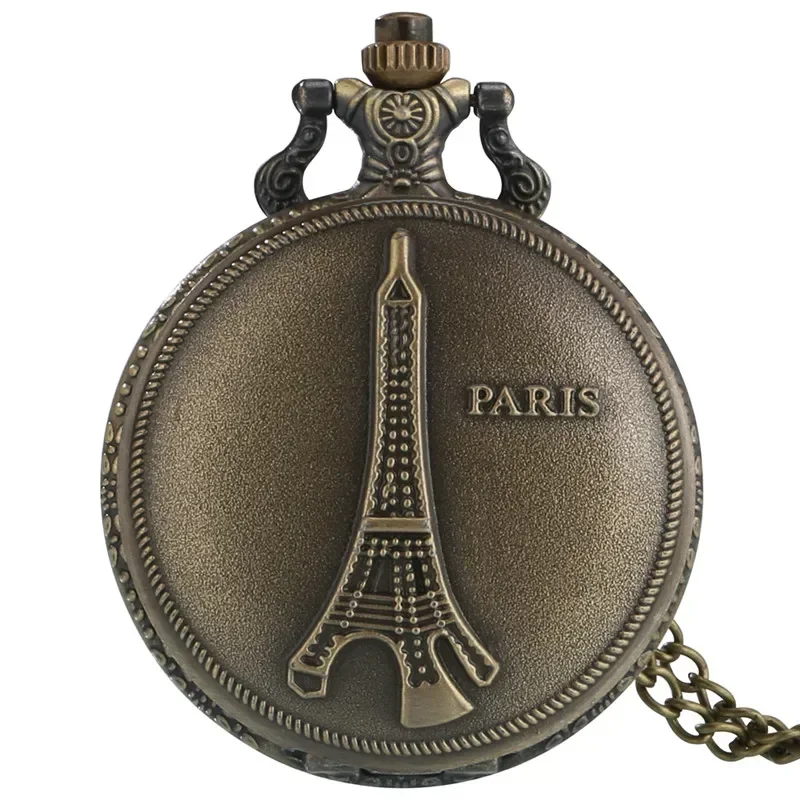 Old Fashion Paris Tower Design Men Women Quartz Analog Pocket Watch Full Hunter Clock Sweater Necklace Chain Souvenir Reloj
