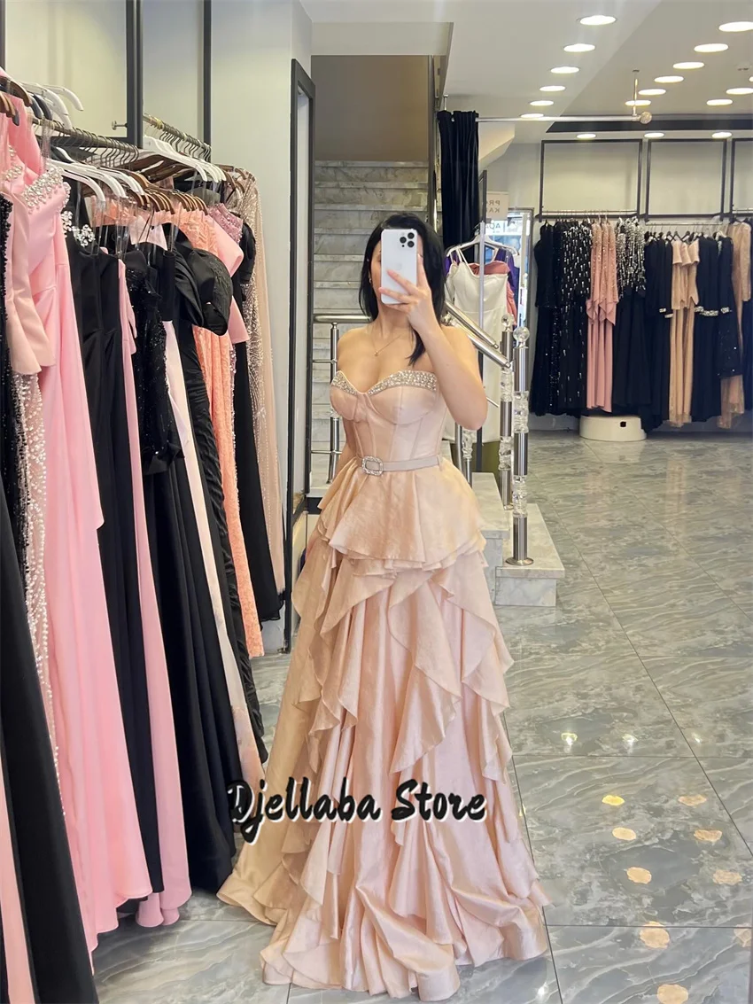 Rose Gold A Line Evening Gowns Strapless Ruffles Vestido de Gala Customized Floor Length Arabic Prom Gowns Customized