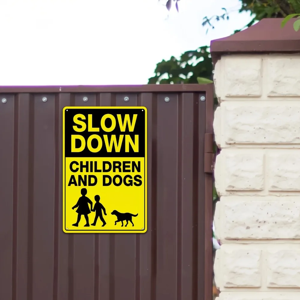 Yellow Black Kids & Dog Caution Metal Sign Slow Down Traffic Warning Plate Private Road Courtyard Outdoor Rustic Safety Notice D