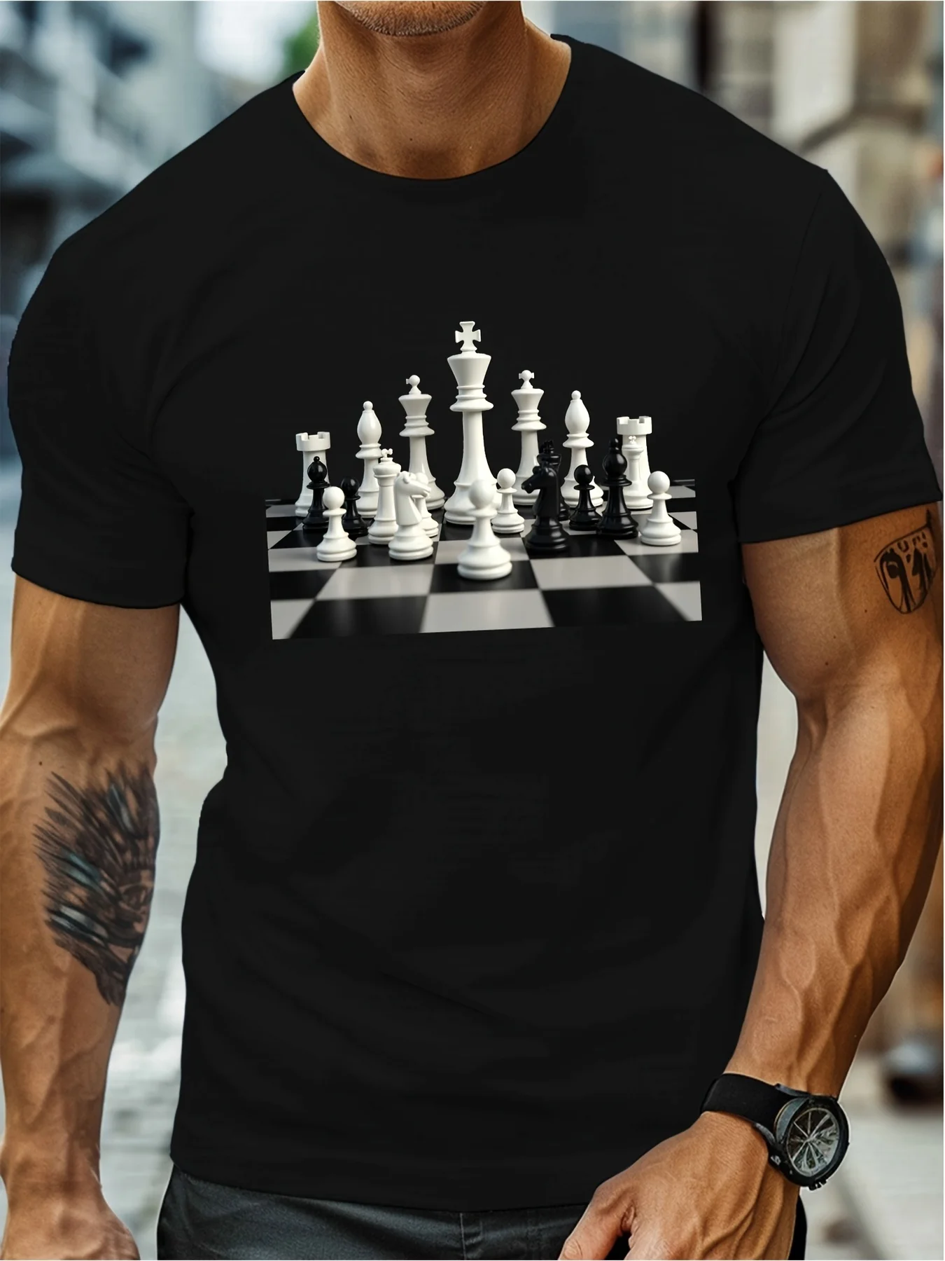 Men'S Casual Short-Sleeve T-Shirt Featuring A Strategic Chess Piece Design, Perfect For Summer. Lightweight And Comfortable, Thi