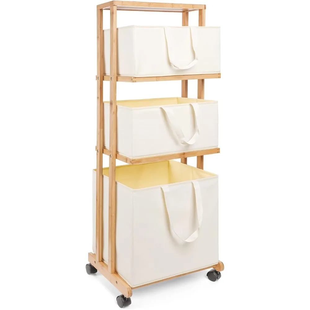 

Laundry Basket 3 Tier Bamboo Storage Shelf with Wheels Removable Storage Basket with Handle Freestanding Clothes Hamper