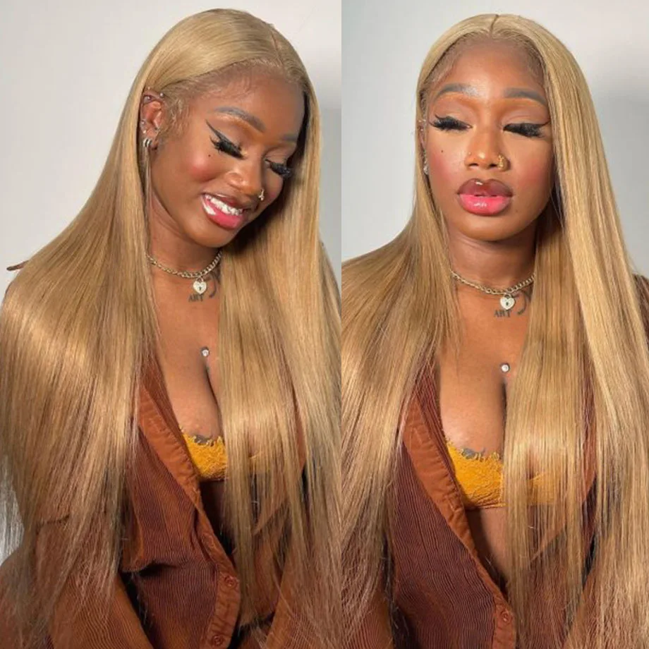Honey Blonde Wig Human Hair 13x6 #27 Straight Lace Front Human Hair Wigs Brazilian Colored 13x4 Hd Transparent Lace Frontal Wig image 3