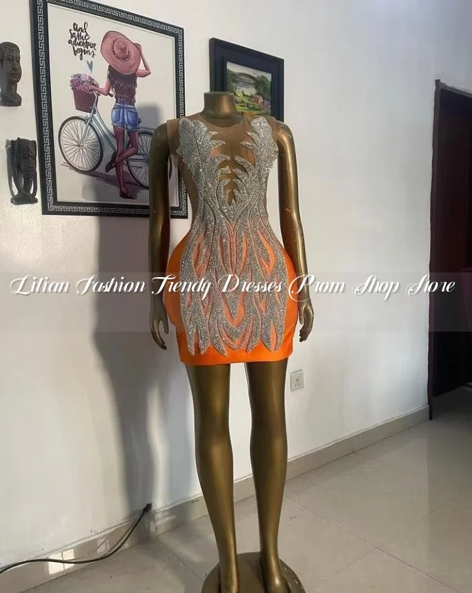 Robe de cocktail de luxe pour femmes, mini robe de soirée, orange, diamant, cristal, zone d'anniversaire, ecoming, robe éducative, Rotterdam Kly, 2024