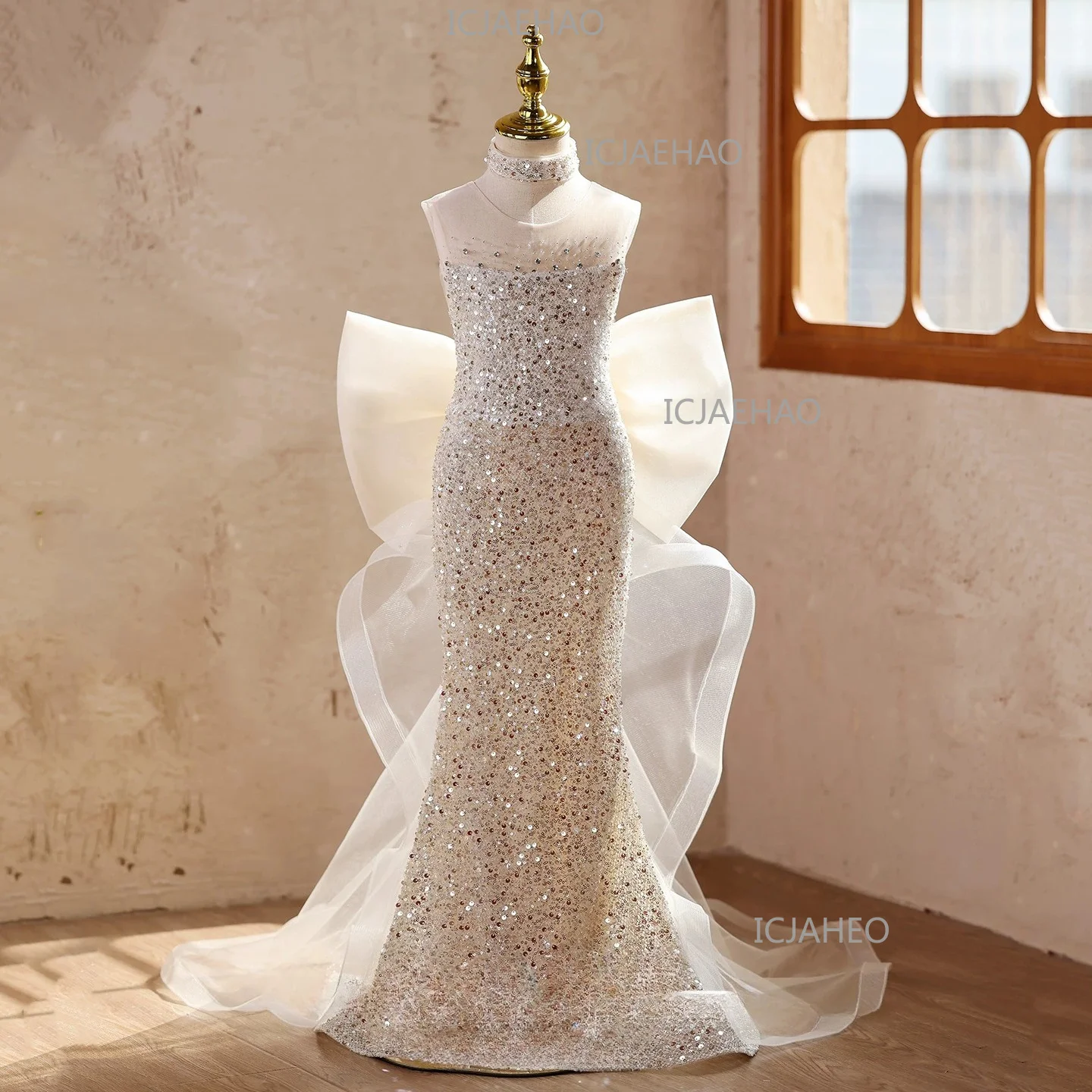 Girls Mermaid Formal Dress LuxuryPiano Performance High-End Birthday Outfit Sparkly Sequin Princess Gown, Kids Host Runway