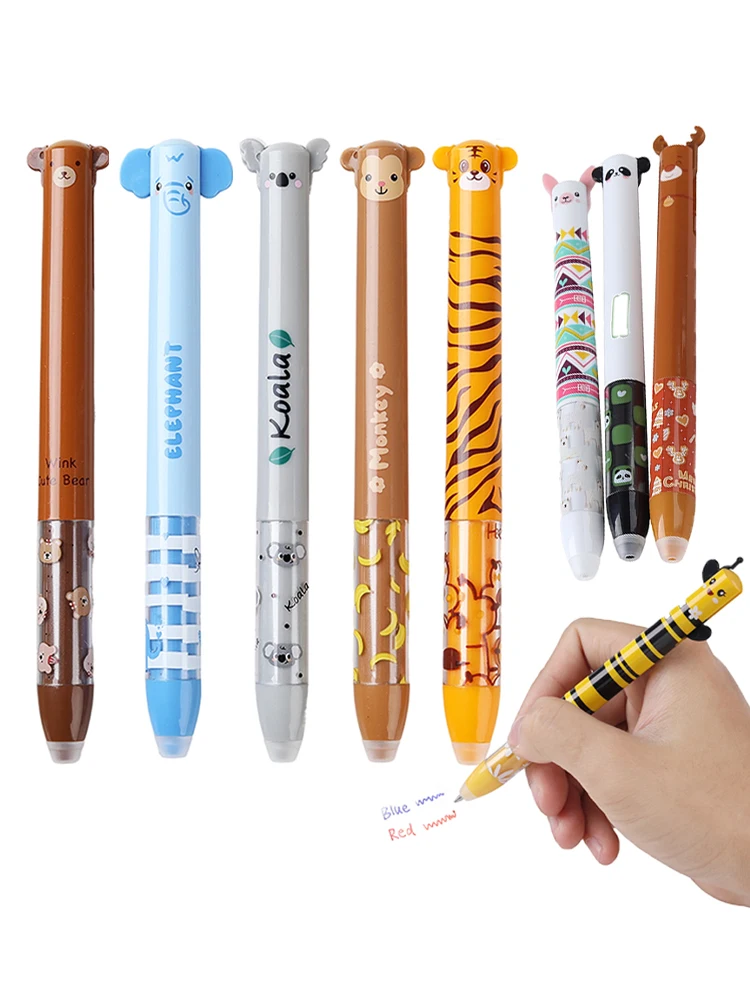 6/12 pièces/ensemble 2 en 1 animaux de dessin animé créatifs stylo Gel effaçable Lion Panda 0.5mm stylo Gel pour l'écriture fournitures scolaires en gros