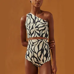 2023 Fashion Shoulder Skinny Bikini Set Black and White Printed Backless Sexy Pool Wear Sleeveless High Waist Beachwear Women