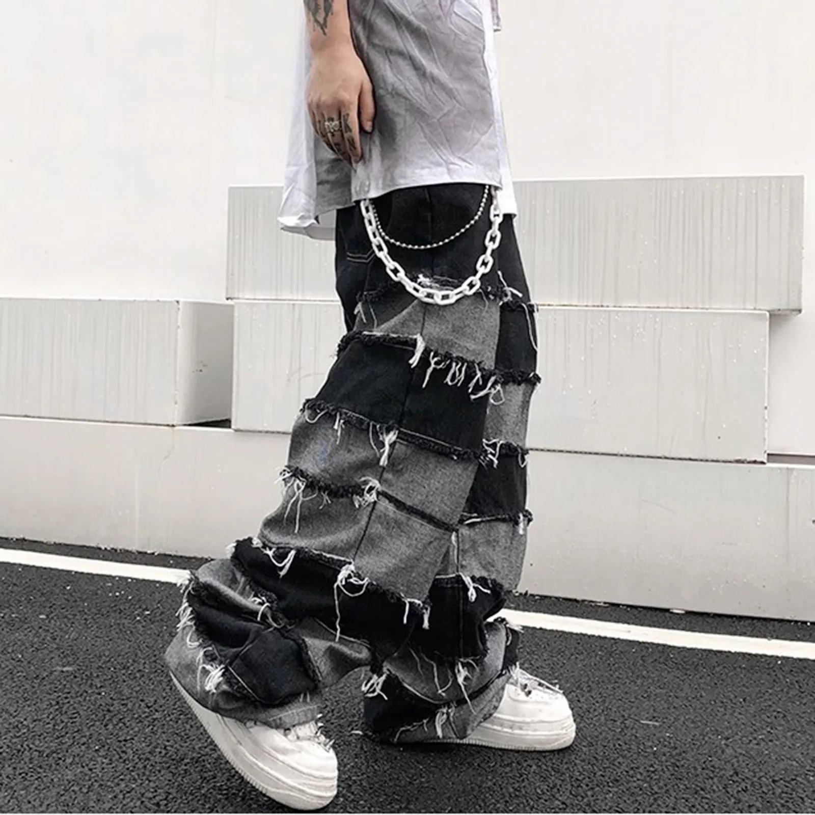 

Tassel Jeans Men's Patchwork Wide Leg Lazy Style Hip Hop Loose Denim Pants Men Baggy Ripped Distressed Stacked Jeans Grunge