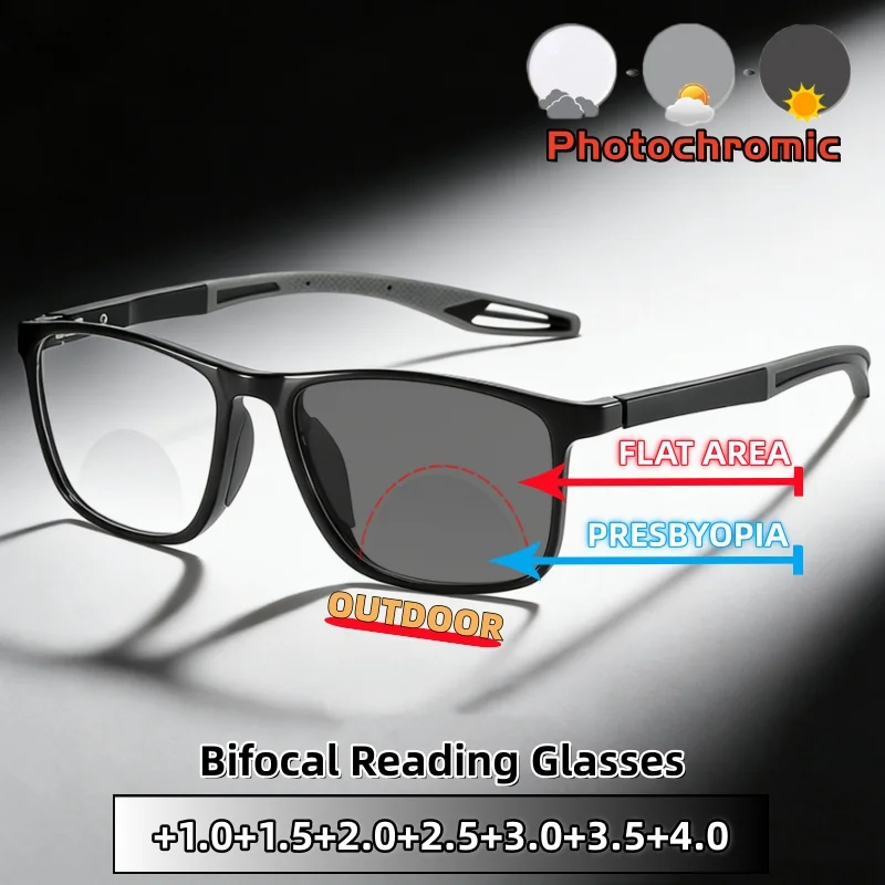 

NEW Anti-blue Light Photochromic Bifocal Presbyopia Glasses Sports TR90 Lightweight Comfortable Eyeglasses +1.0 To +4.0