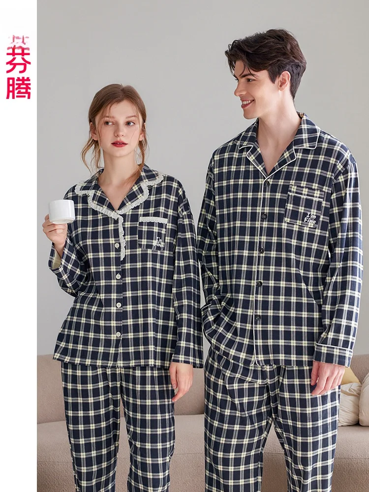 fenteng-long-sleeve-couple-sleepwear-cotton-open-cardigan-set-loose-fit-plaid-large-size-pure-cotton-home-clothes