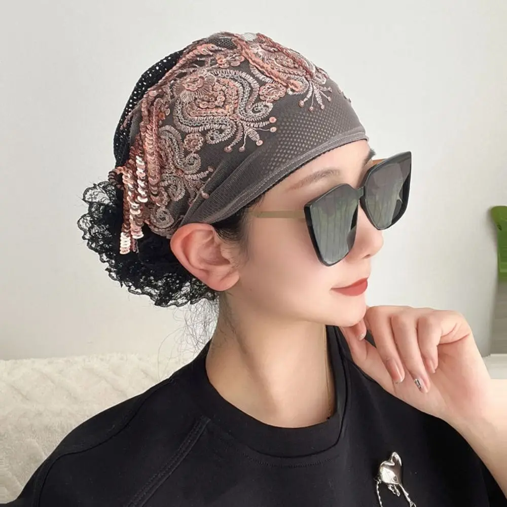 Embroidery Baotou Hat Fashion Flowers Breathable Muslim Cap Summer Lace Prayer Hat Women image 2