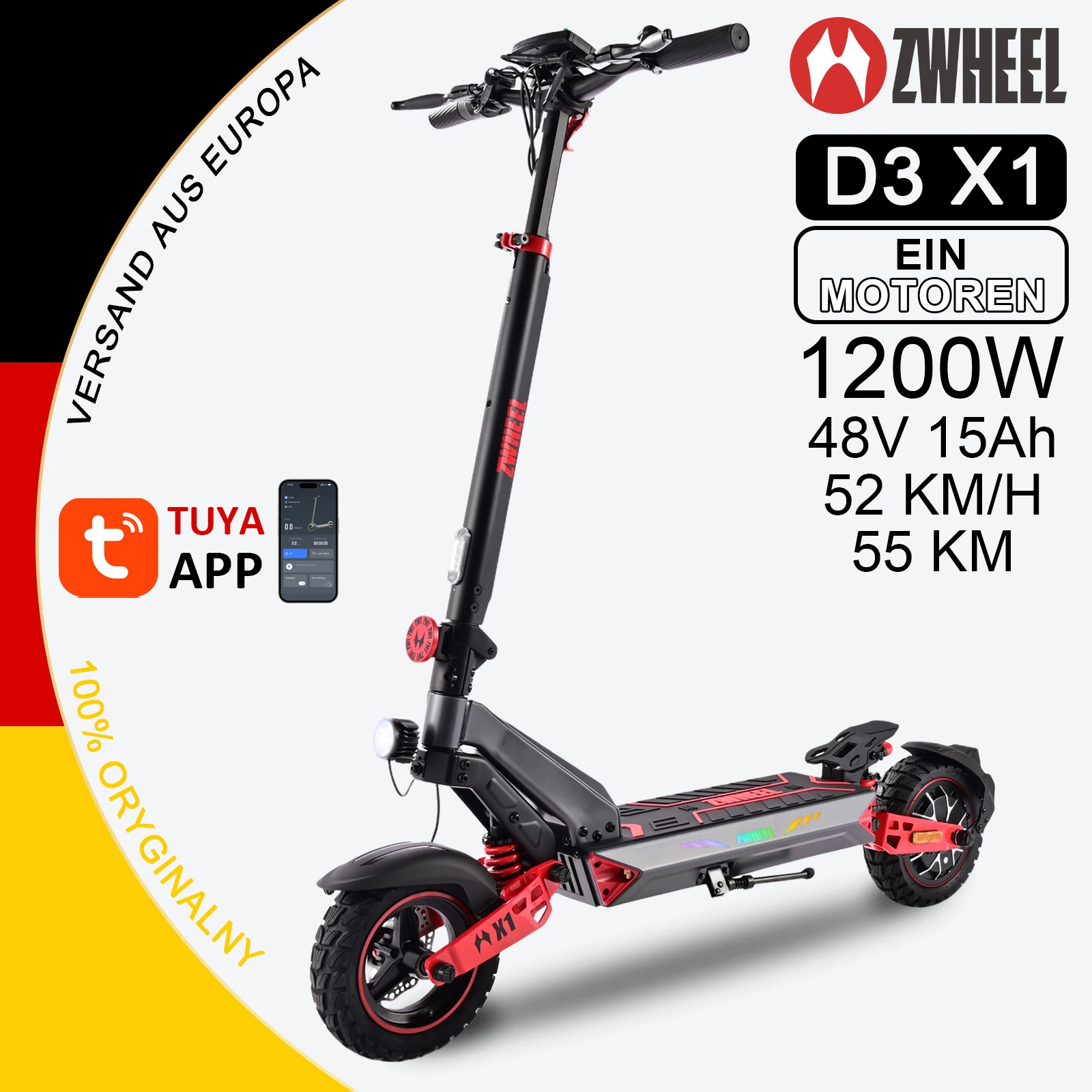 ZWHEEL D3 X1, E-Scooter für Erwachsene, 1200W Spitzenleistung, 48 V Akku …