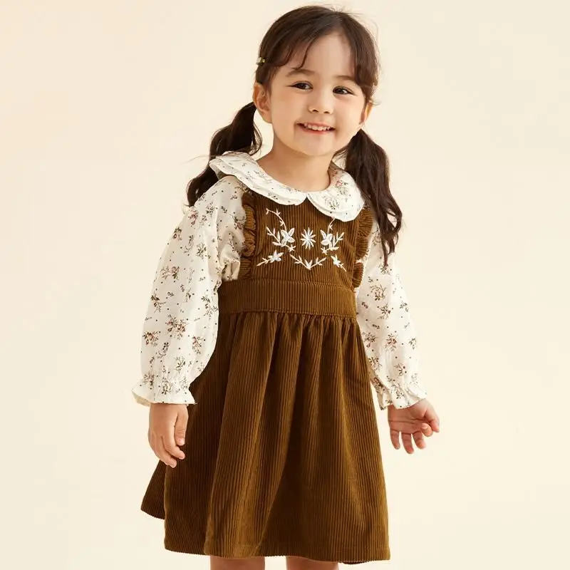 

2-9 Years Kids Spring Long Sleeve Pastoral Embroidery Corduroy Suspender Pricess Dress+Floral Shirt Toddler Baby Princess Skirt