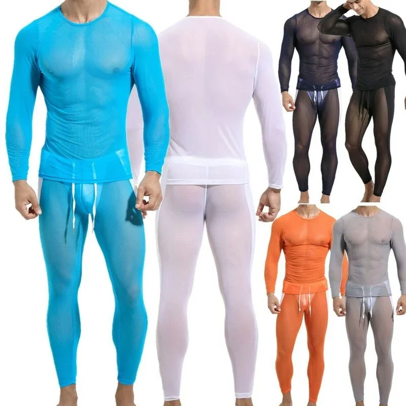 

Sexy Mens Undershirts Fitness Long Sleeve T Shirts See Through Mesh Shirt Transparent Long Johns Sport Pants Or Men Clothes Set