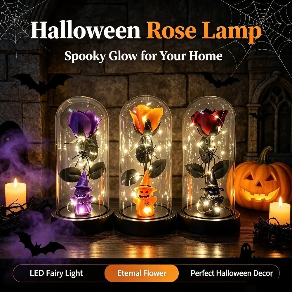 Transparent Cover Halloween Ghost Rose Light Realistic Plastic Artificial Rose Night Light Glass Dome Rose Simulation Rose Light