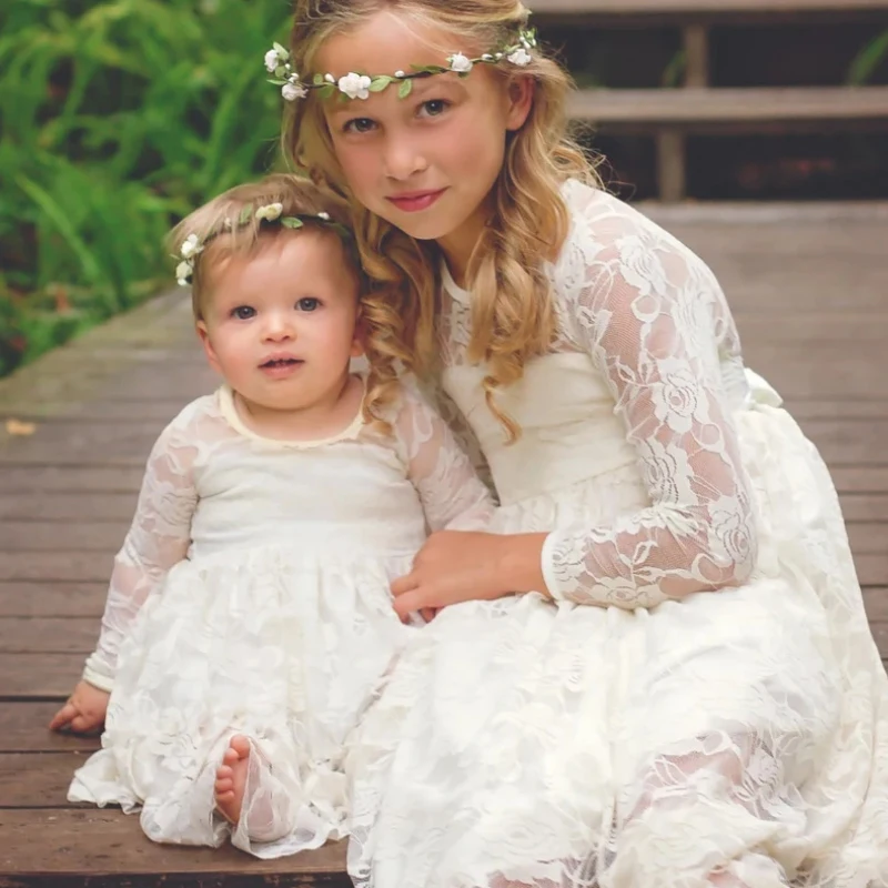 vestidos de fiesta para bodas Vestido de encaje para niñas de 2 a 12 años, ropa Bohemia blanca/Beige de manga larga con flores para bebés, Princesa,