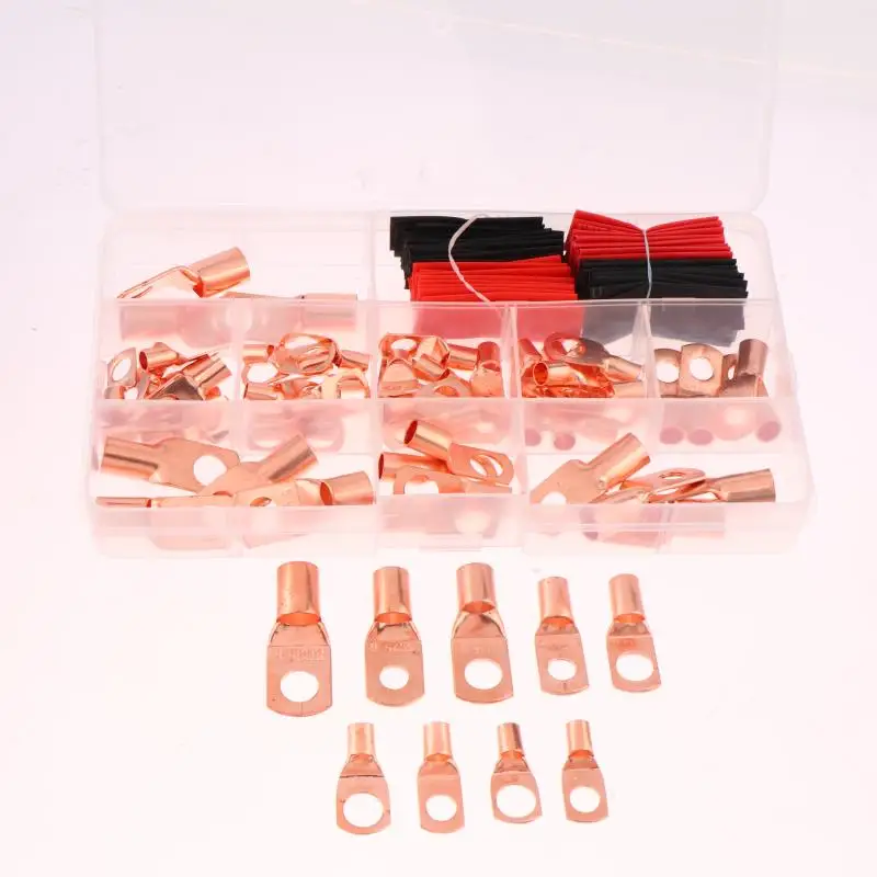 60/100/130PCS AWG 4 6 8 10 12 Ring Lug Kit With Shrink Tubing 50 Battery Cable Lugs With Shrink Copper Terminal Connectors