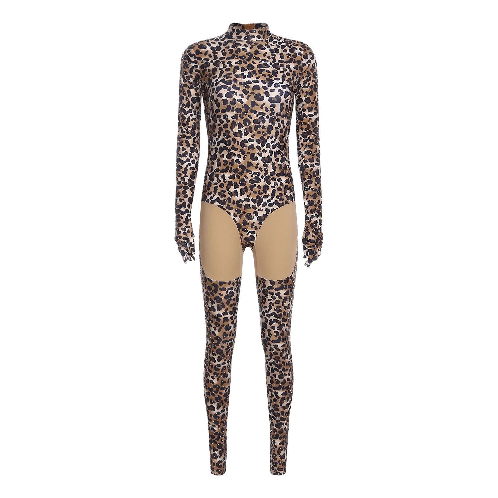 

Women Wild Leopard Print Full-body Bodysuit Pole Dance Glittery Rhinestones Gloved Sleeve Bodycon Jumpsuit for Club Raves Party