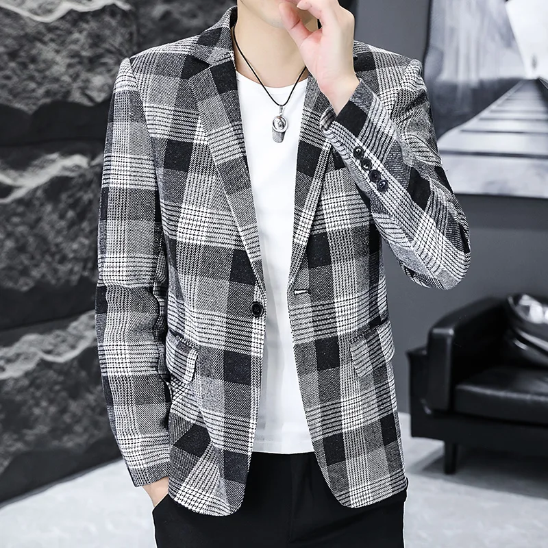 

2026 Пиджак для улицы, мужской клетчатый модный деловой тренд, свадебный утягивающий джентльменский повседневный корейский дорожный высокий формальный пиджак