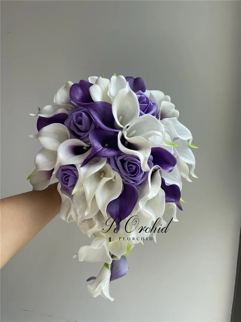 PEORCHID Purple&Ivory Wedding Bouquet Waterfall Foam Roses Real Touch Calla Lilies Artificial Bridal Cascade Flowers Bouquets