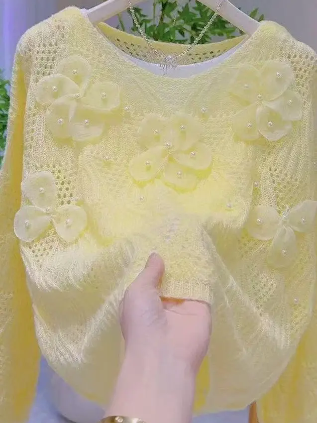 Large Size Knitted Sweater Hollow out Micro Transparent Floral Beading Atmosphere Casual Loose Fit Long Sleeve Women's Top