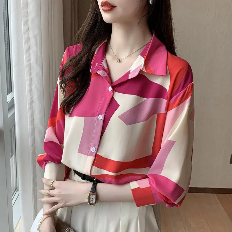 Spring Autumn Fashion Turn-down Collar Long Sleeve Blouses Women\'s Clothing Printing Patchwork Japanese Style Simplicity Shirts