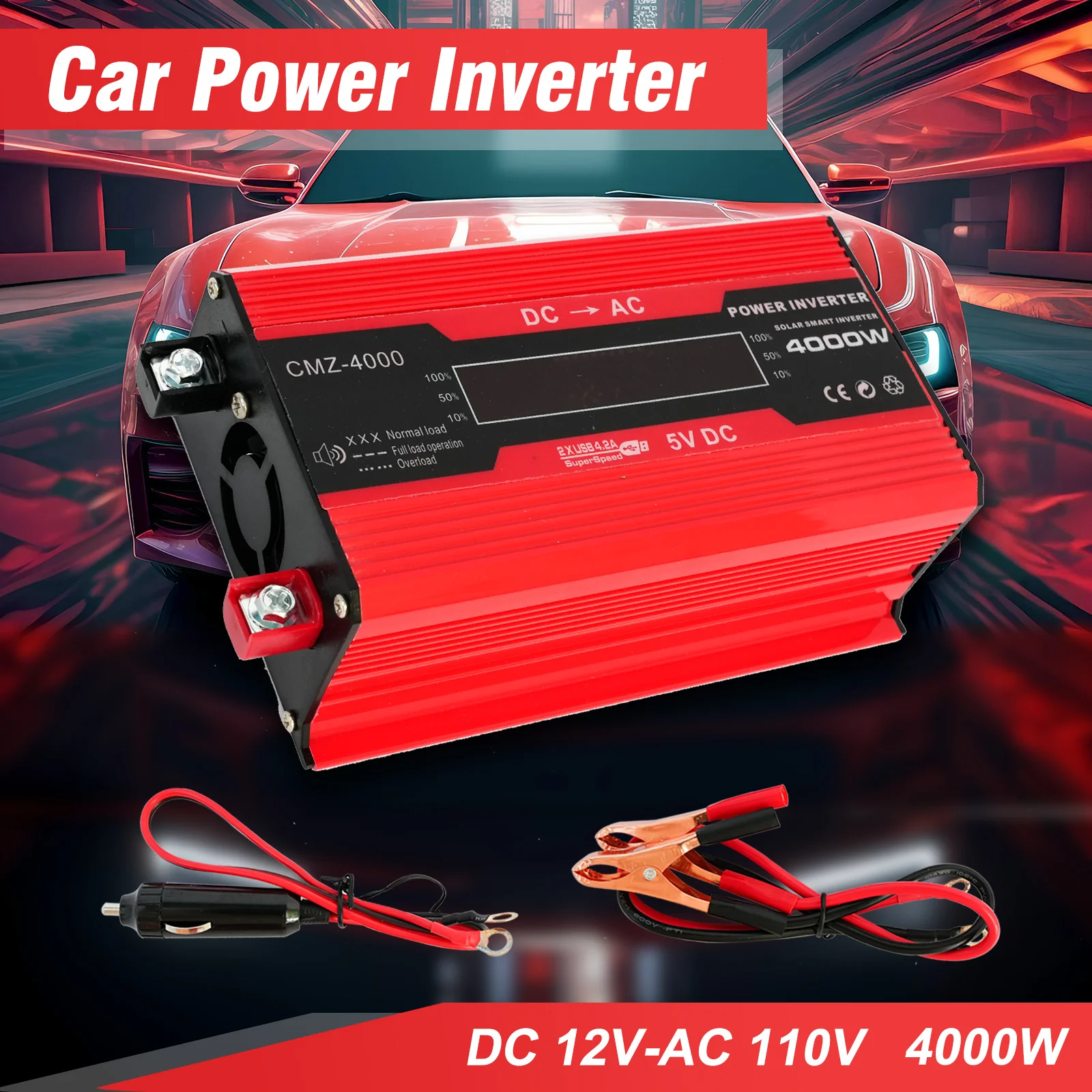 4000W Car Power Inverter Converter DC 12V to AC 110V  Dual USB 4.2A Intelligent Color Display 60Hz Fast Charging Portable Power Bank Car