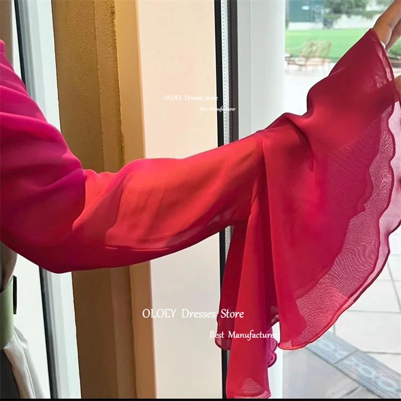 OLOEY-vestidos de fiesta de graduación para mujer, vestidos de noche Vintage con cuello Halter, fucsia, manga larga, abertura en el tobillo, ocasión Formal, Arabia Saudita