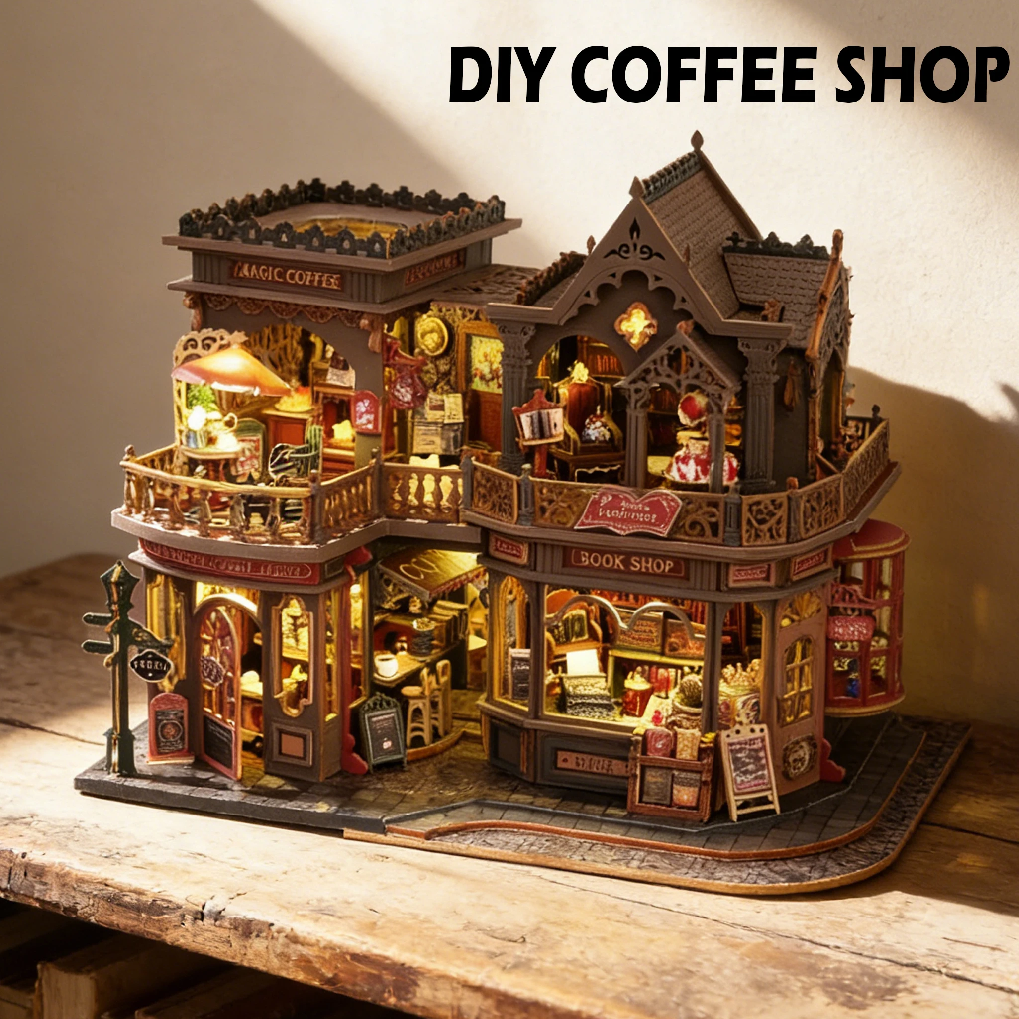 

DIY Big Doll House Wooden Cabin Miniature Furniture Bookstore Dollhouse Handmade Home Coffee Model Assembly Bricks Toys Gifts