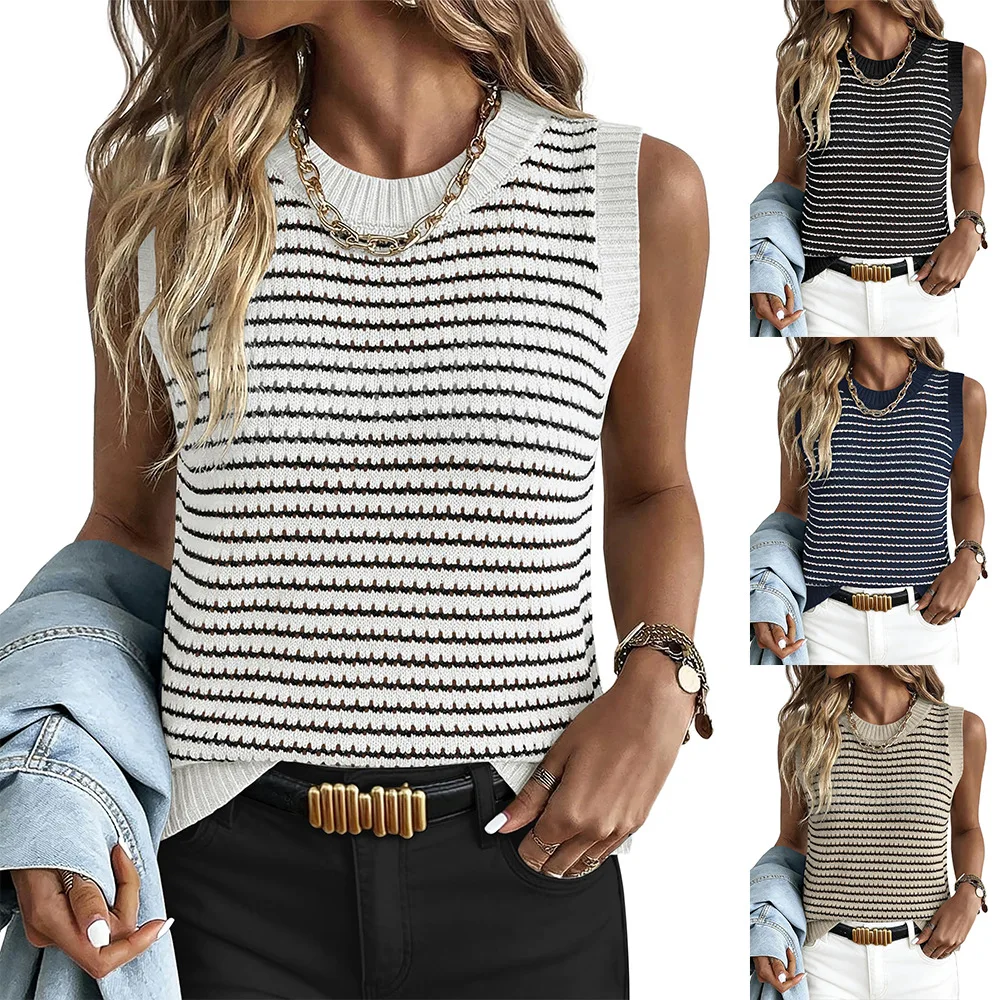 Women's Striped Sleeveless Knit Vest, Crew Neck Hollow Out Sweater Tank, Casual Summer Knitted Top for Ladies
