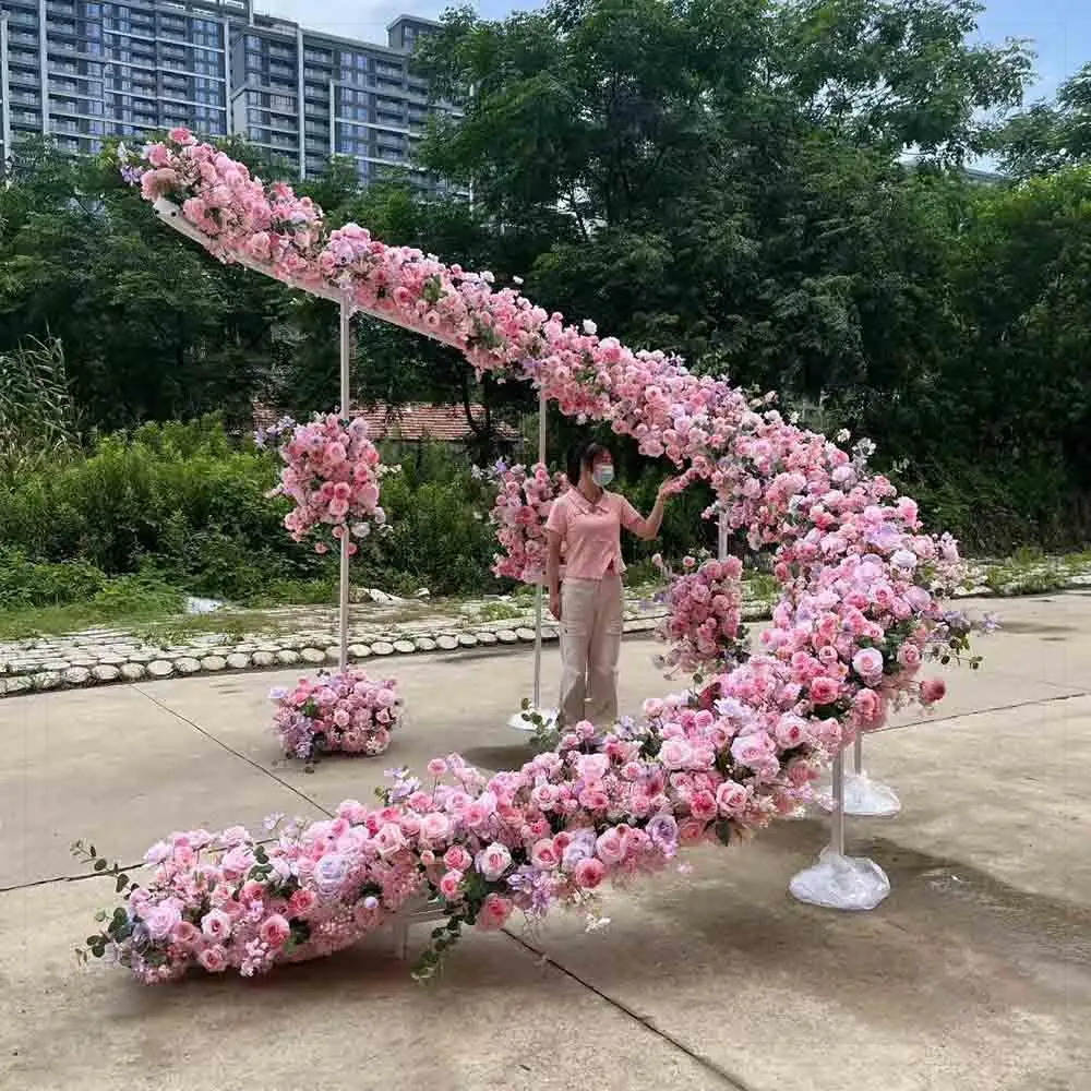 

FSDKX Custom Pink Silk Artificial Pink Flower Runner Arch Floral Frame Flower Arch Backdrop for Wedding Stage