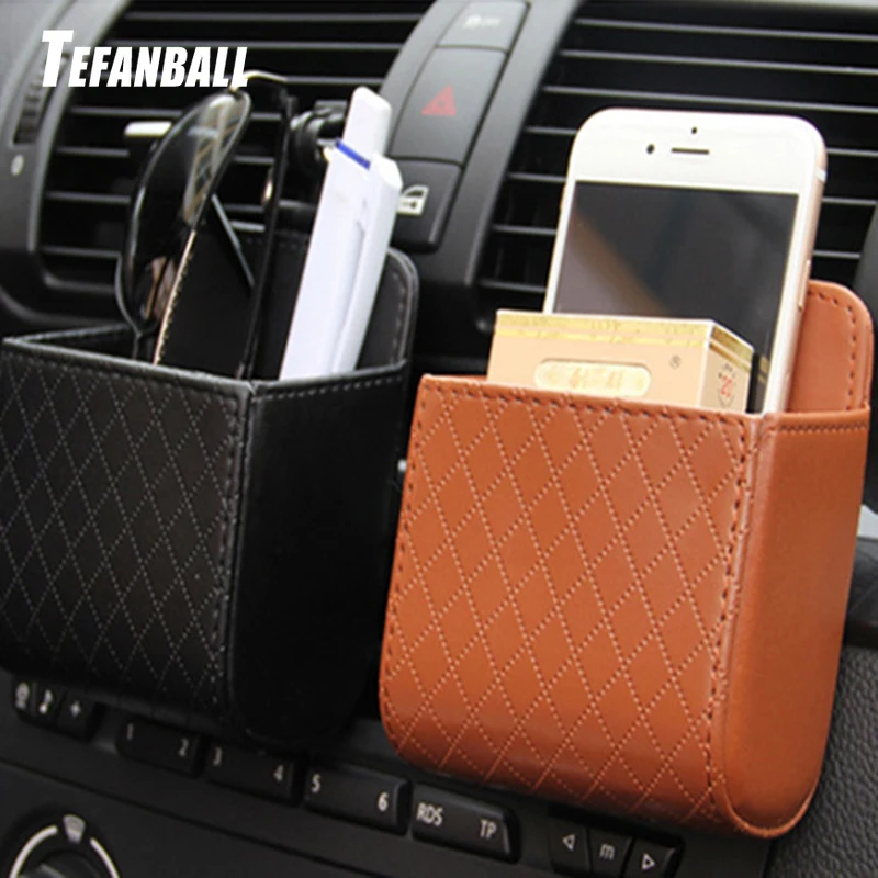 

Auto Vent Outlet Trash Box PU Leather Car Mobile Phone Holder Storage Bag Organizer Automobile Hanging Box With hook For BMW