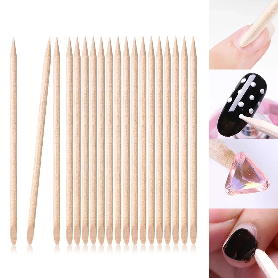 

100Pcs Double Sided Wood Sticks Nail Art Dotting Tools Cuticle Pusher Remover for Rhinestones Manicure & Pedicure Ca