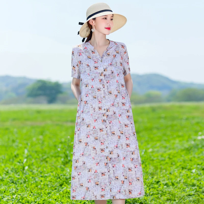 Robes longues à manches courtes pour femmes, robes coréennes imprimées vintage, vêtements d'été élégants, haute qualité, 2023