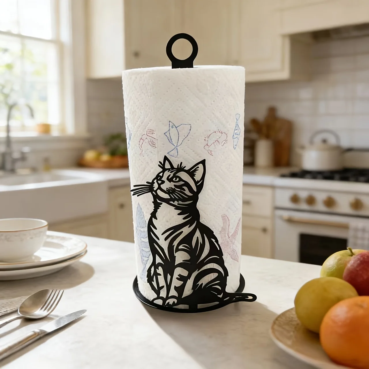 Iron Art Cat-Themed Kitchen Desktop Paper Towel Holder Countertop Roll Paper Holder Kitchen Storage Rack